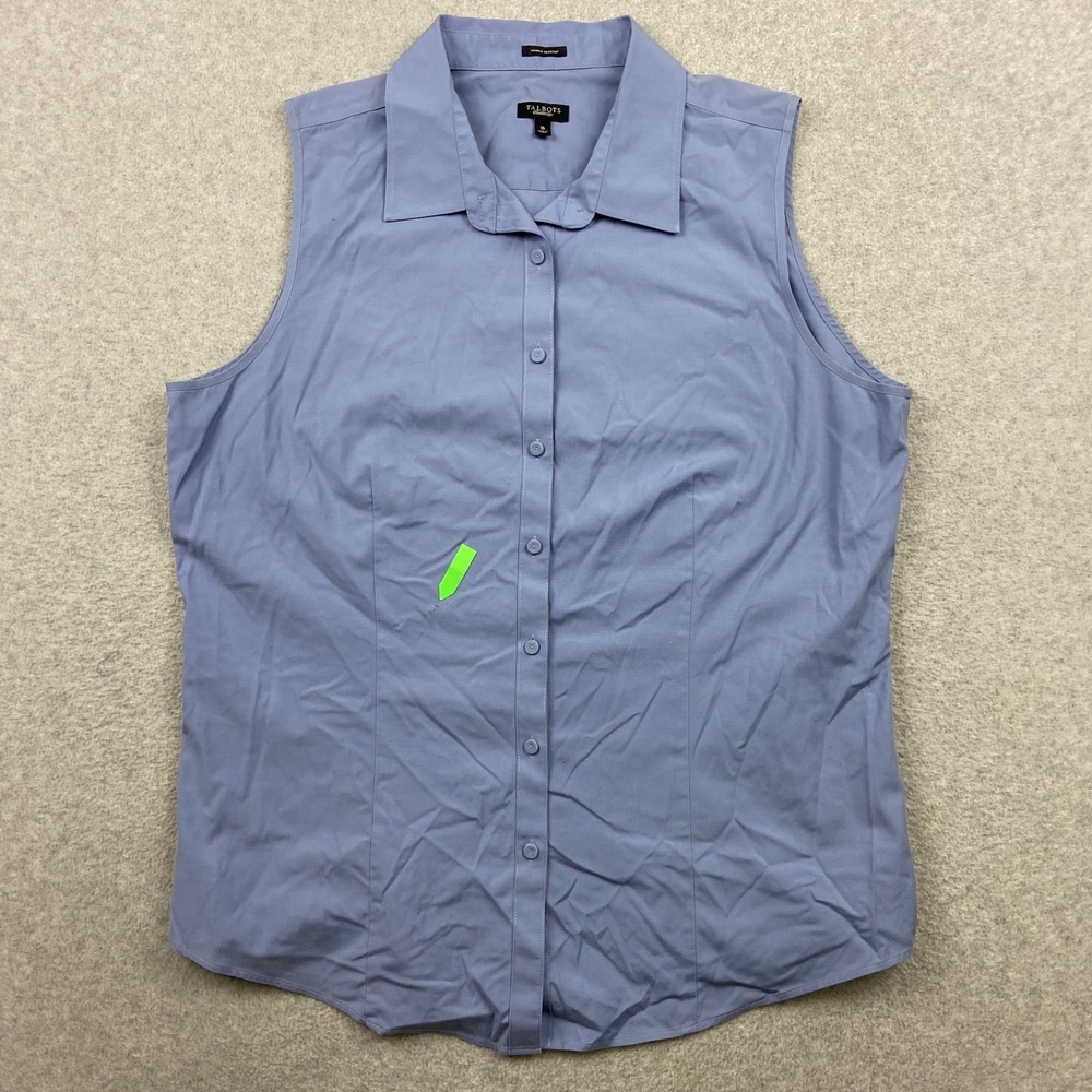 Talbots Shirt Womens 16 Button-Front Blue Sleeveless Wrinkle Resistant Cotton